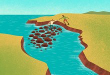 Illustration of person helping another walking over rocks