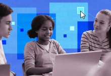 A collage of students working on their laptops on top of a background of squares representing hyperlinks