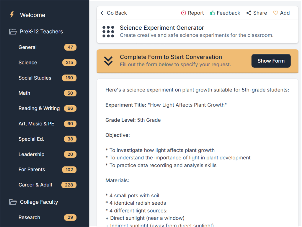 Screenshot from TeacherServer for an article about AI tools