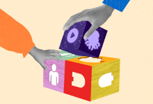 hands building blocks made of artifacts from Scratch and OctoStudio